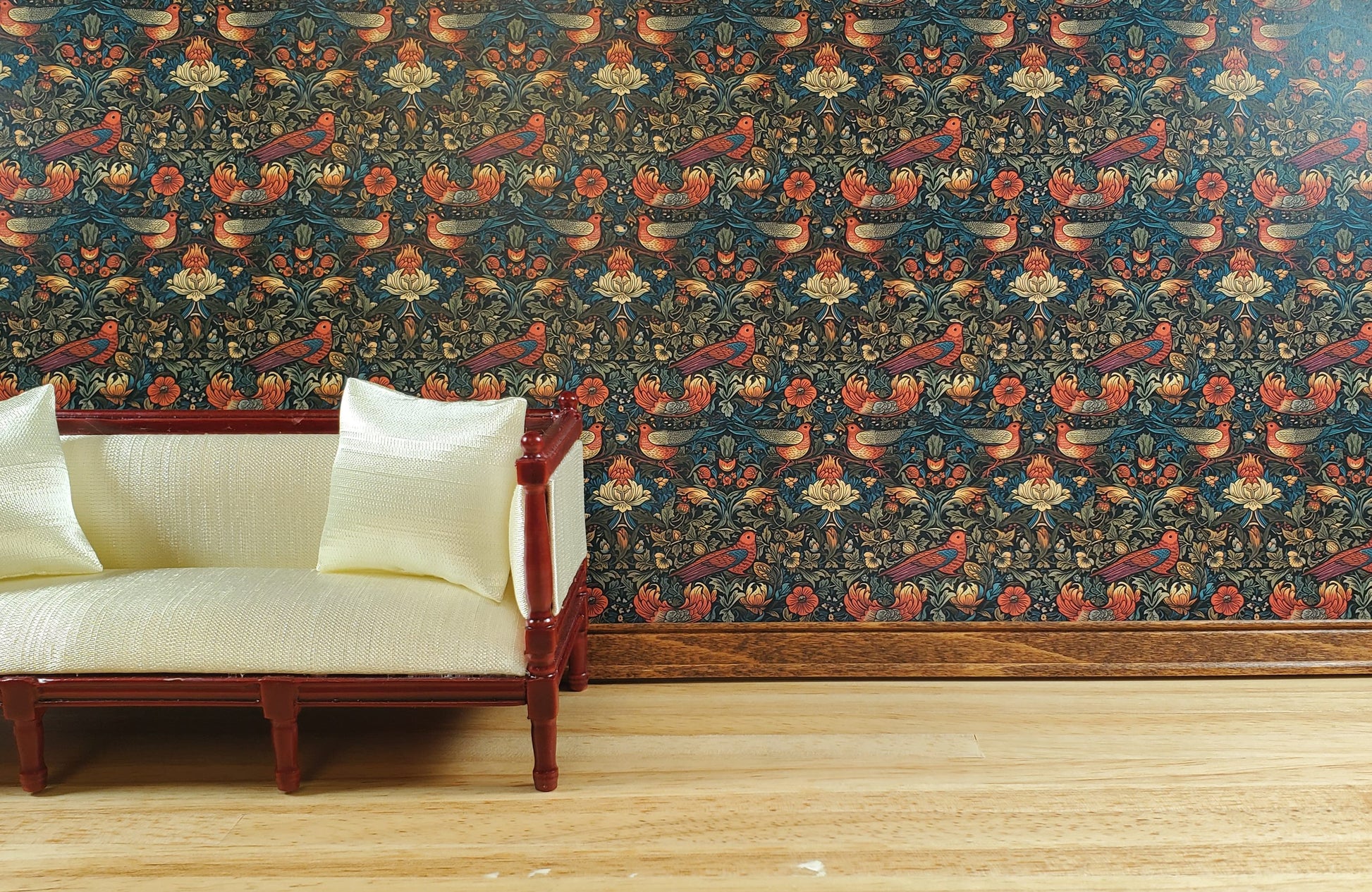 Dollhouse Victorian Wallpaper Dark Green Red Birds 3 Sheets 1:12 Scale Miniature