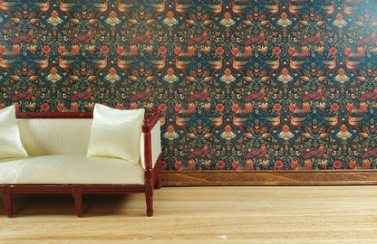 Dollhouse Victorian Wallpaper Dark Green Red Birds 3 Sheets 1:12 Scale Miniature