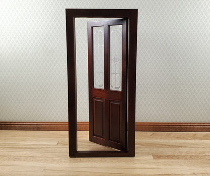Dollhouse Exterior Front Door with Windows 1:12 Scale Miniature Walnut Finish