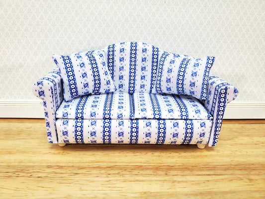 Dollhouse Sofa Couch Modern Blue & White with Cushions 1:12 Scale Miniature Furniture