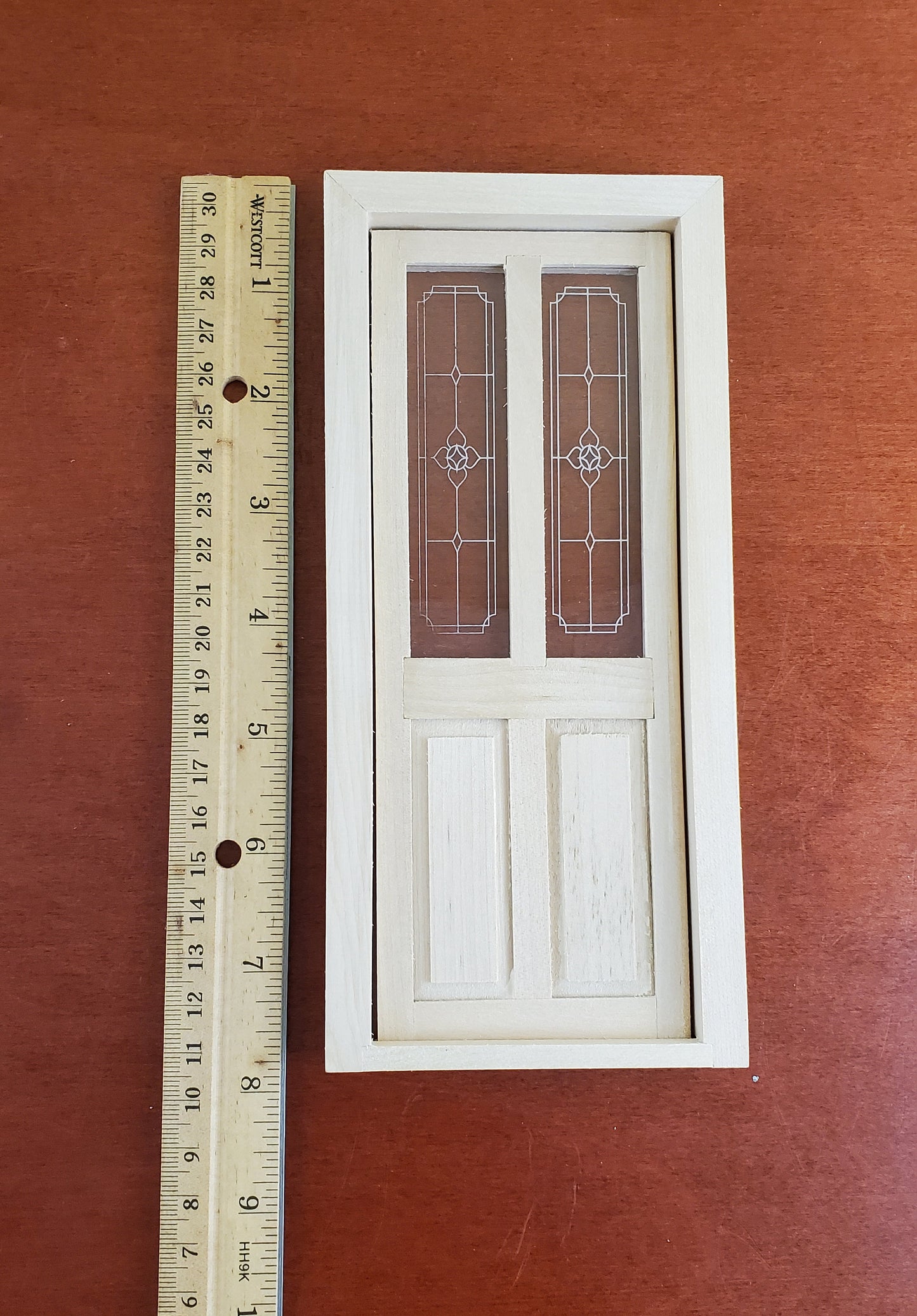 Dollhouse Exterior Front Door w/ Windows Etched Panes 1:12 Scale Unpainted Wood