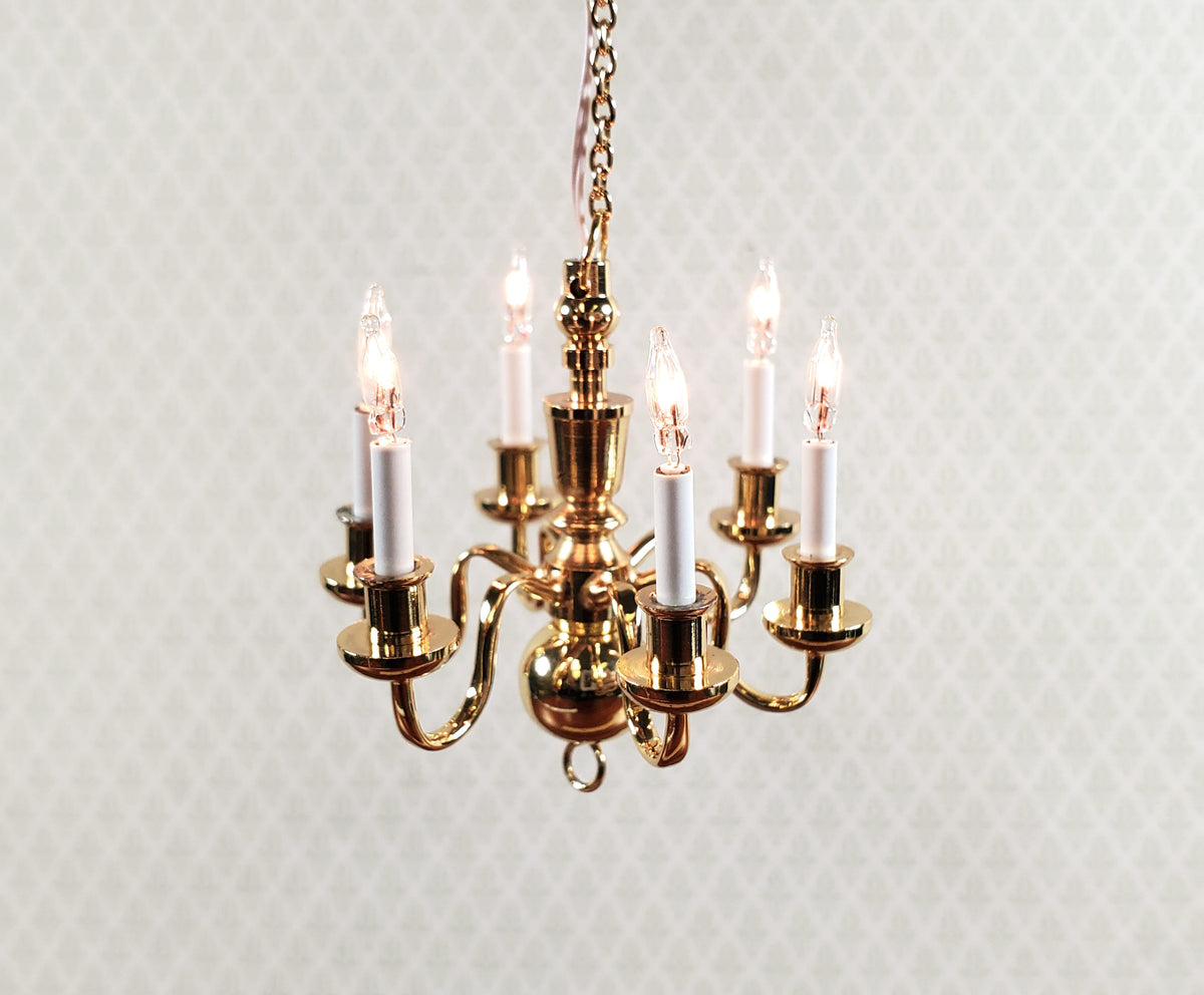 Dollhouse Brass Chandelier 6 Arm 12 Volt Electric 1:12 Scale Miniature