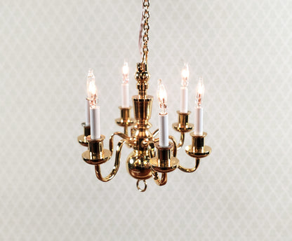 Dollhouse Brass Chandelier 6 Arm 12 Volt Electric 1:12 Scale Miniature