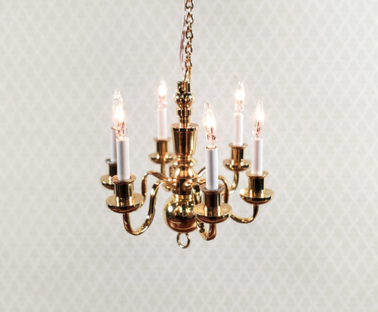 Dollhouse Brass Chandelier 6 Arm 12 Volt Electric 1:12 Scale Miniature