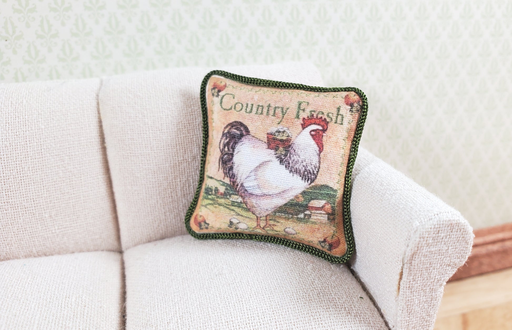 Dollhouse Country Rooster Pillow Green Trim Handmade 1:12 Scale Miniature