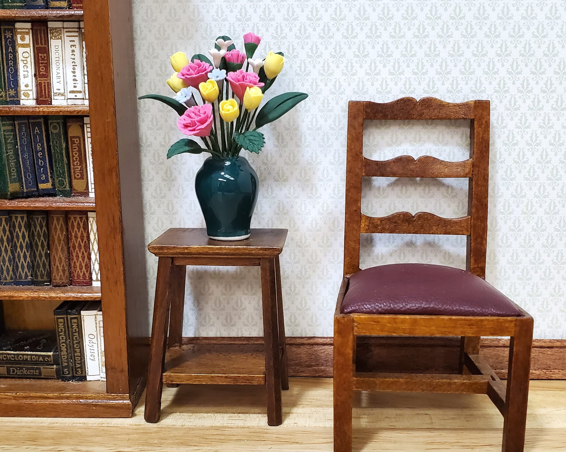 Dollhouse Pink Carnations Assortment in Ceramic Green Vase 1:12 Scale Miniature