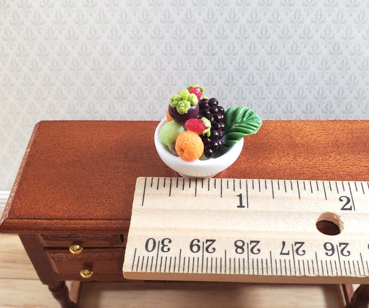 Dollhouse Bowl of Fruit Grapes Oranges White Ceramic 1:12 Scale Miniature