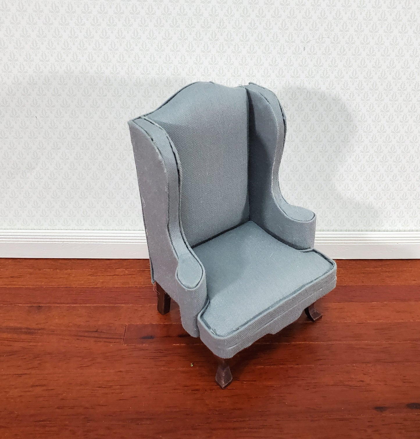 Dollhouse Arm Chair Wing Back Gray Fabric 1:12 Scale Miniature Furniture