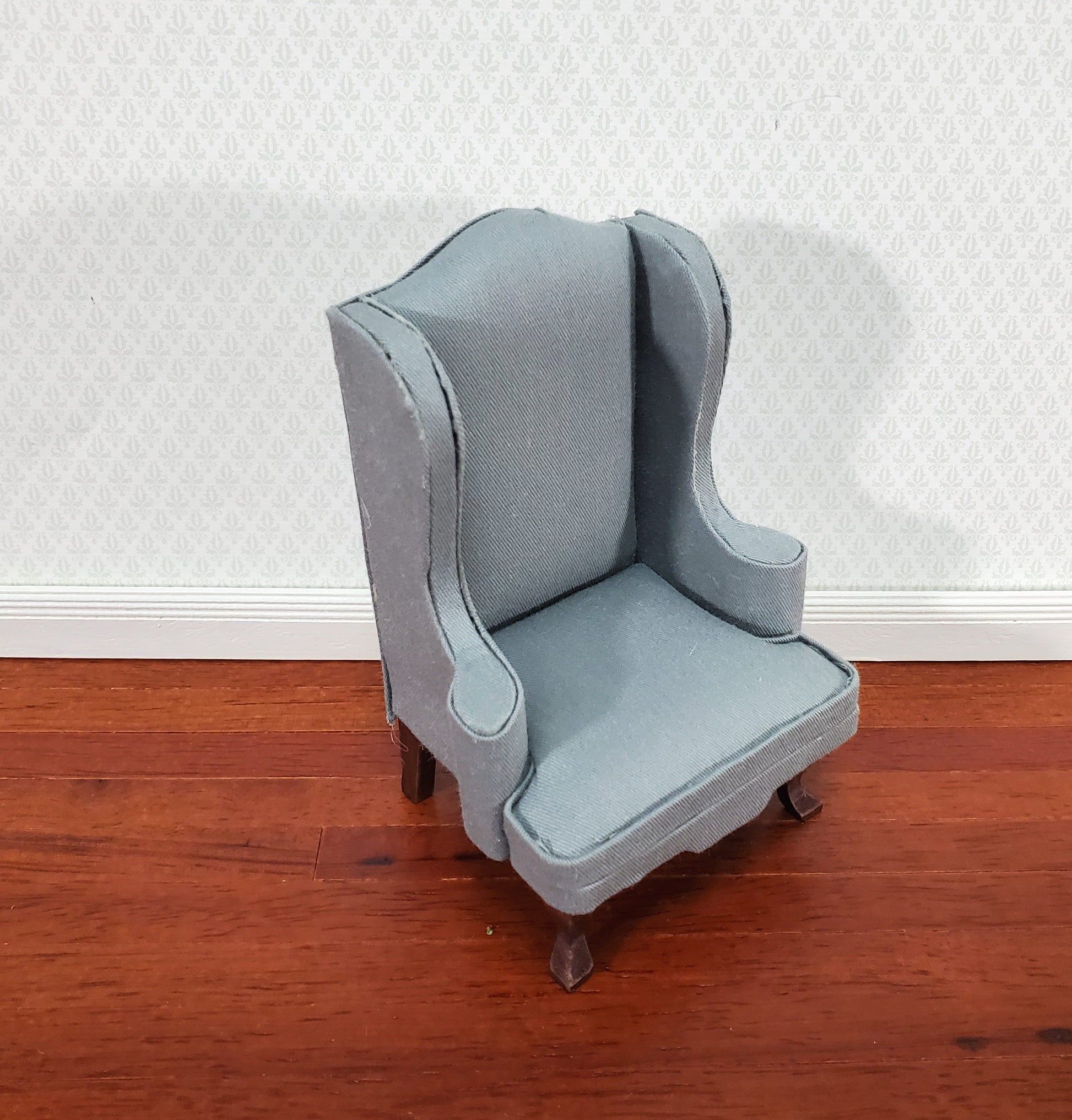 Dollhouse Arm Chair Wing Back Gray Fabric 1:12 Scale Miniature Furniture
