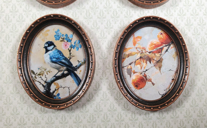 Miniature Framed Prints x4 Chickadee Branches Oval Frames 1:12 Scale Metal Frame