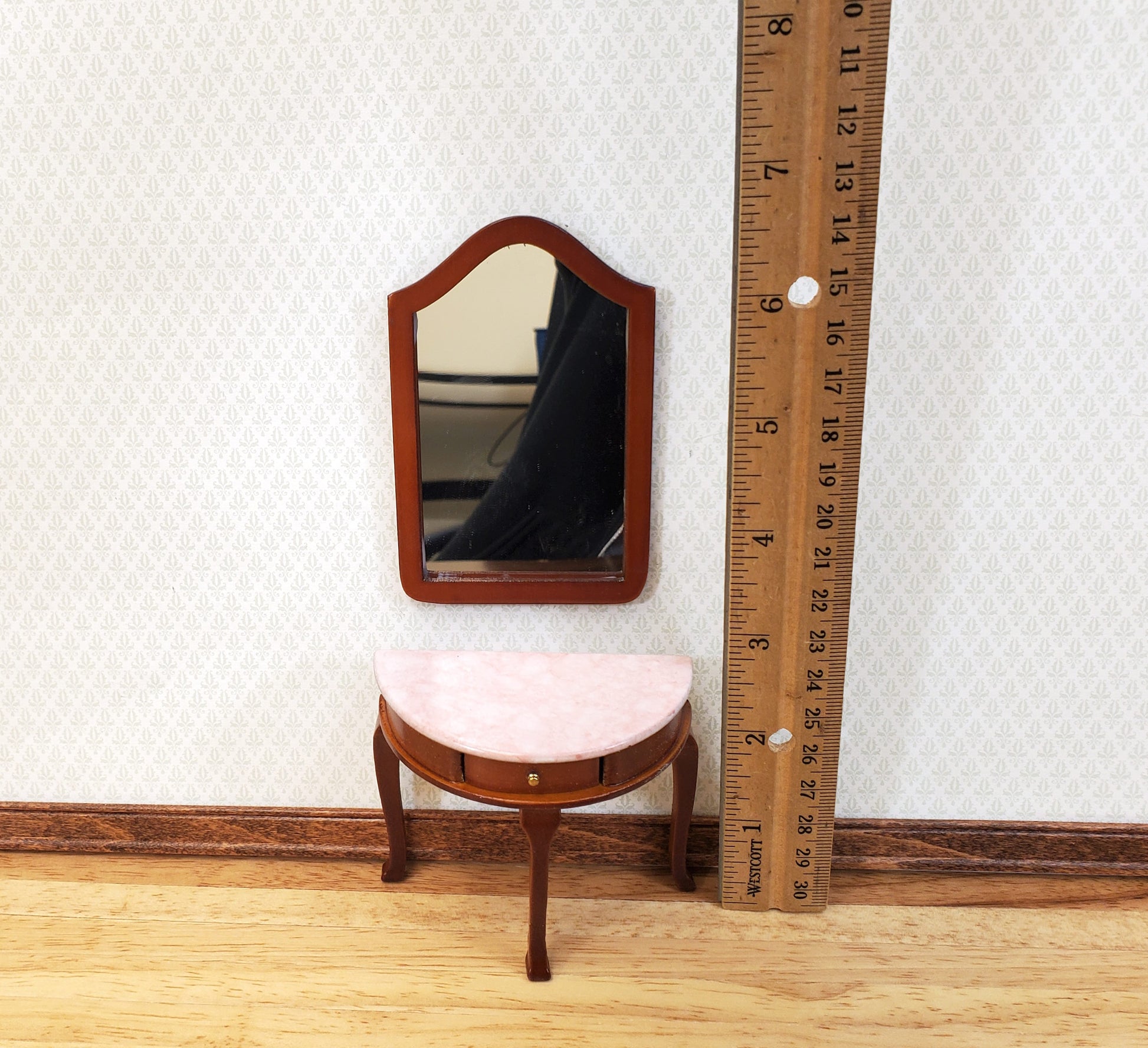 Dollhouse Demi Table with Mirror Half Round Demilune 1:12 Scale Furniture Walnut Finish