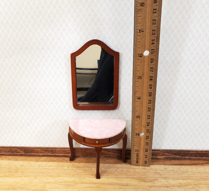 Dollhouse Demi Table with Mirror Half Round Demilune 1:12 Scale Furniture Walnut Finish