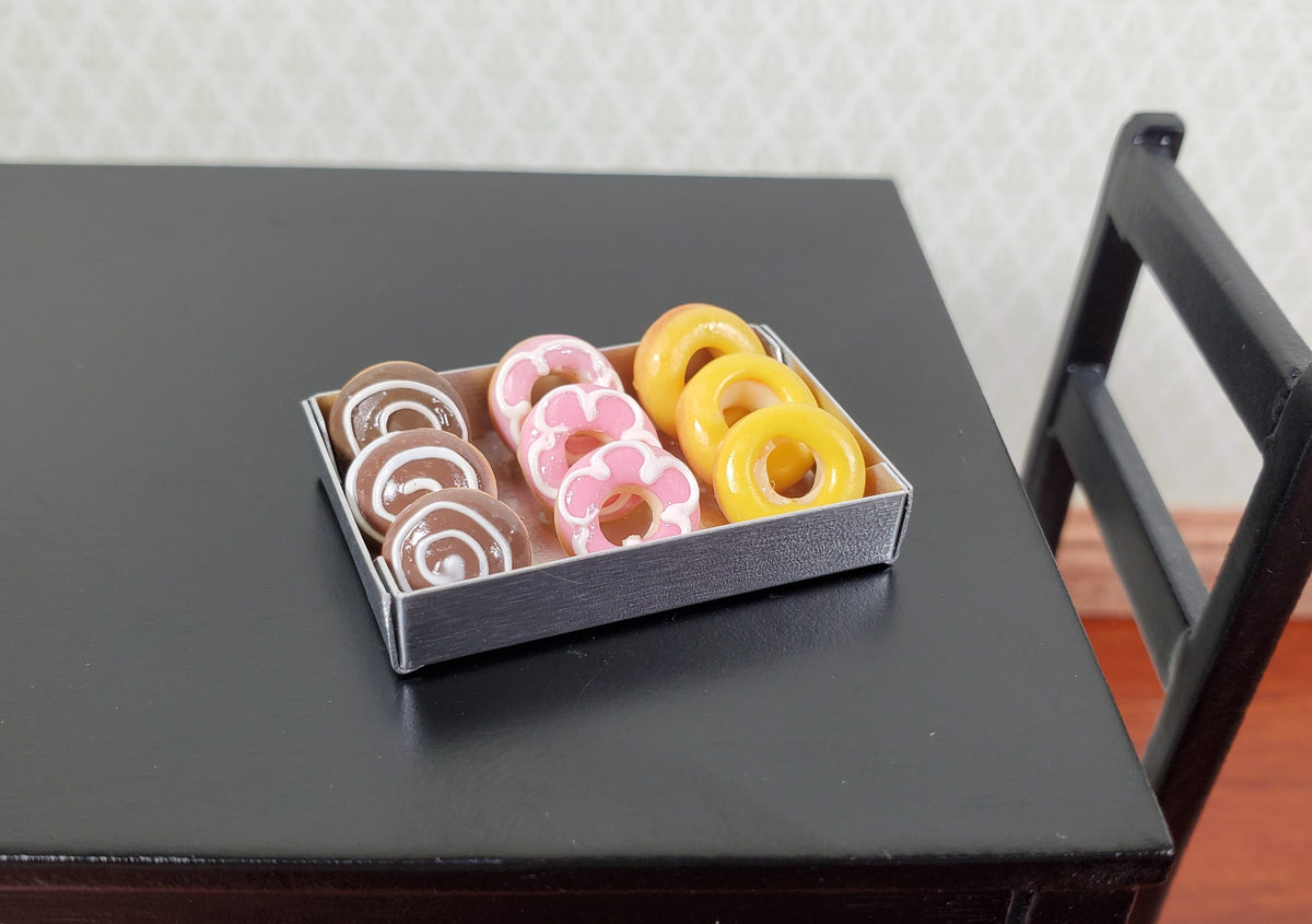 Dollhouse Donuts in Metal Tray Pink Yellow Chocolate Frosting 1:12 Scale Bakery