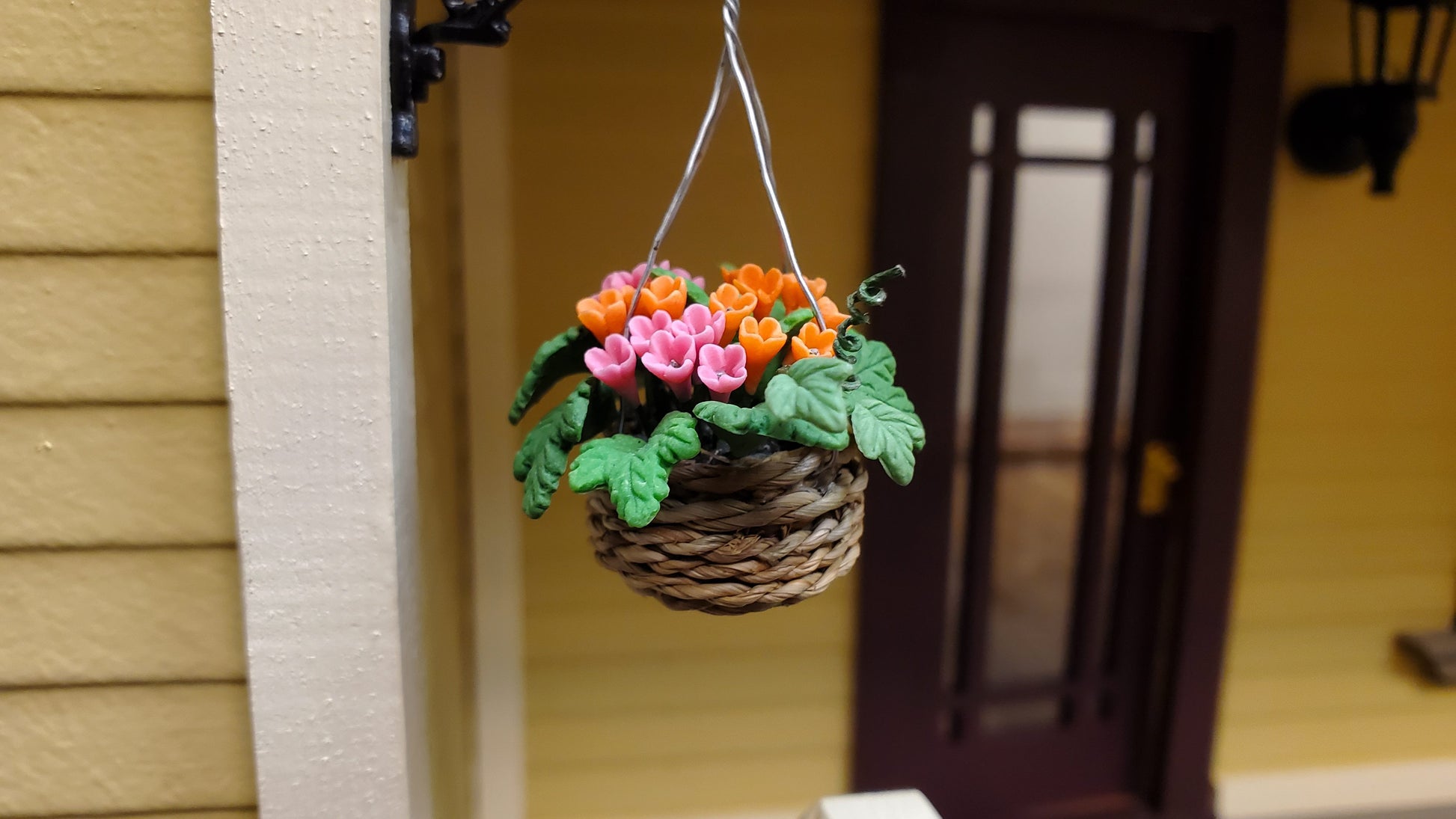 Dollhouse Orange & Pink Flowers in Hanging Basket 1:12 Scale Miniature Garden