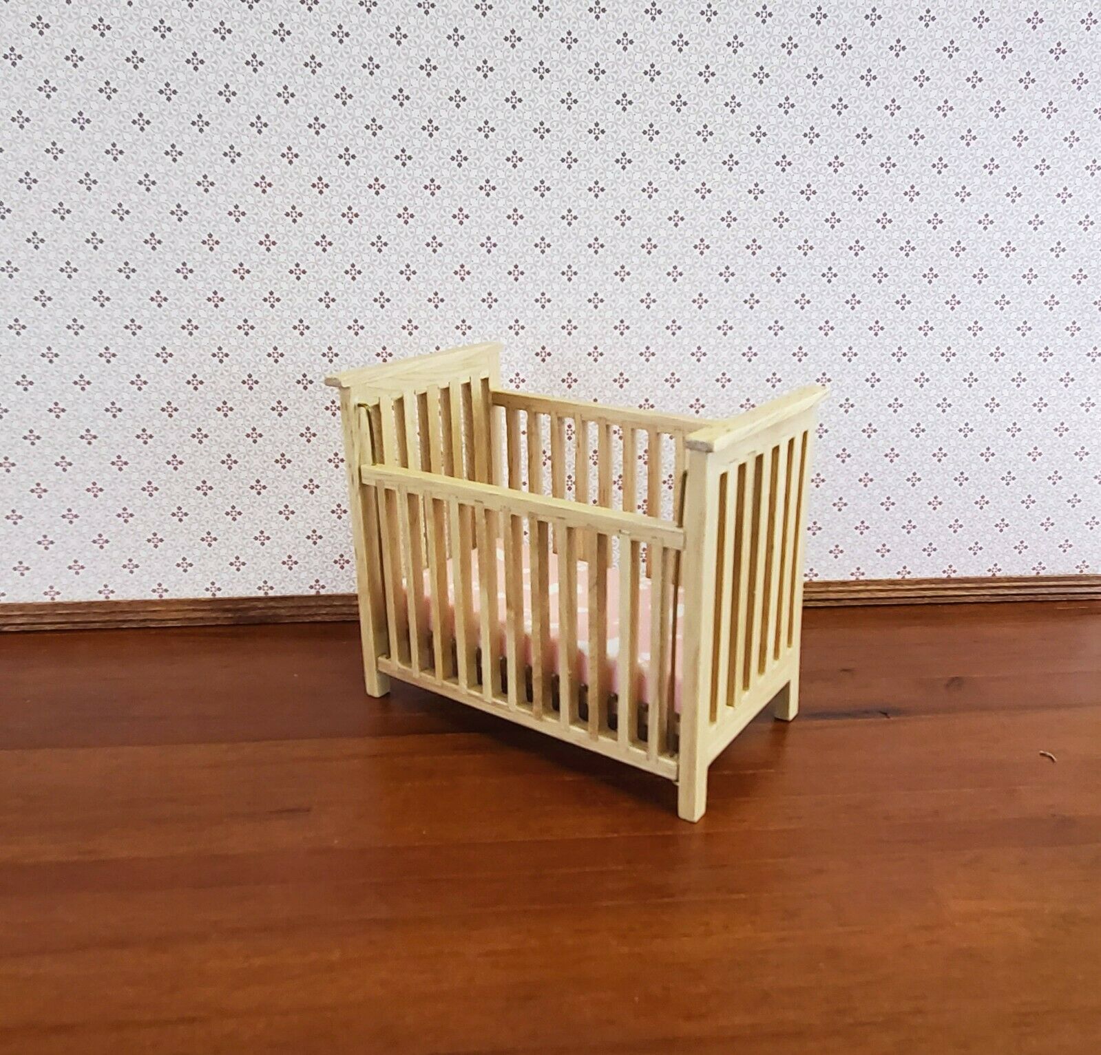 Dollhouse Miniature Crib Wood Light Oak Drop Side 1:12 Scale Nursery Furniture