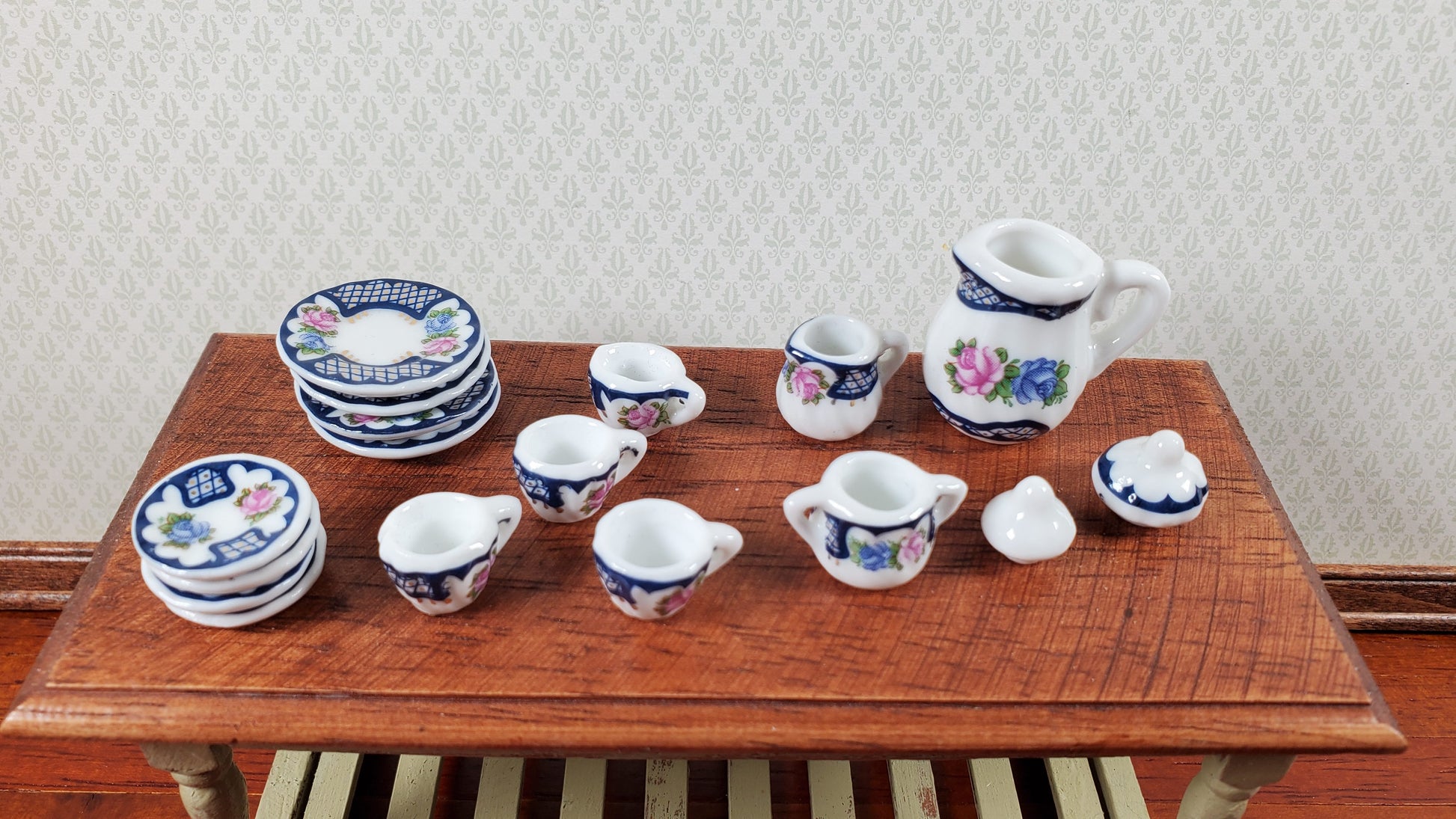 Dollhouse Coffee Set with Plates Blue Lace Design Ceramic 1:12 Scale Miniature