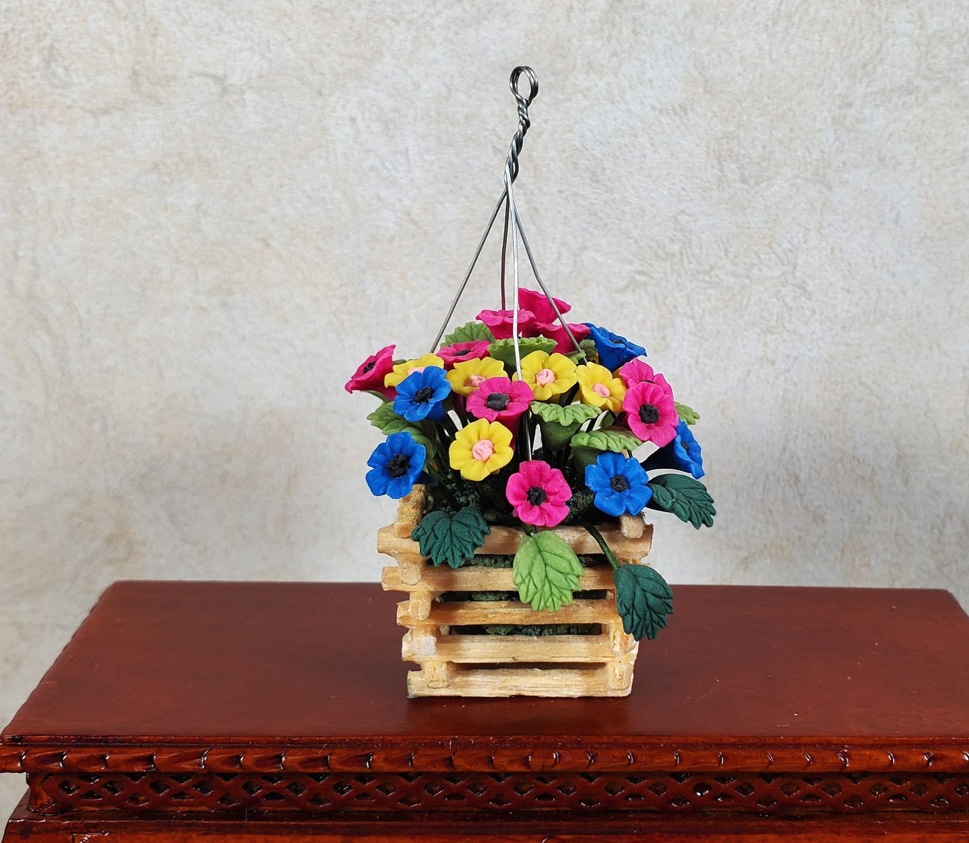 Dollhouse Hanging Basket of Petunias 1:12 Scale Miniature Flowers Wood Planter