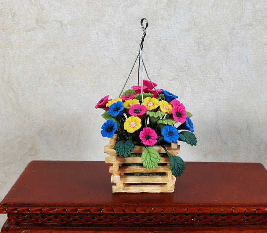 Dollhouse Hanging Basket of Petunias 1:12 Scale Miniature Flowers Wood Planter