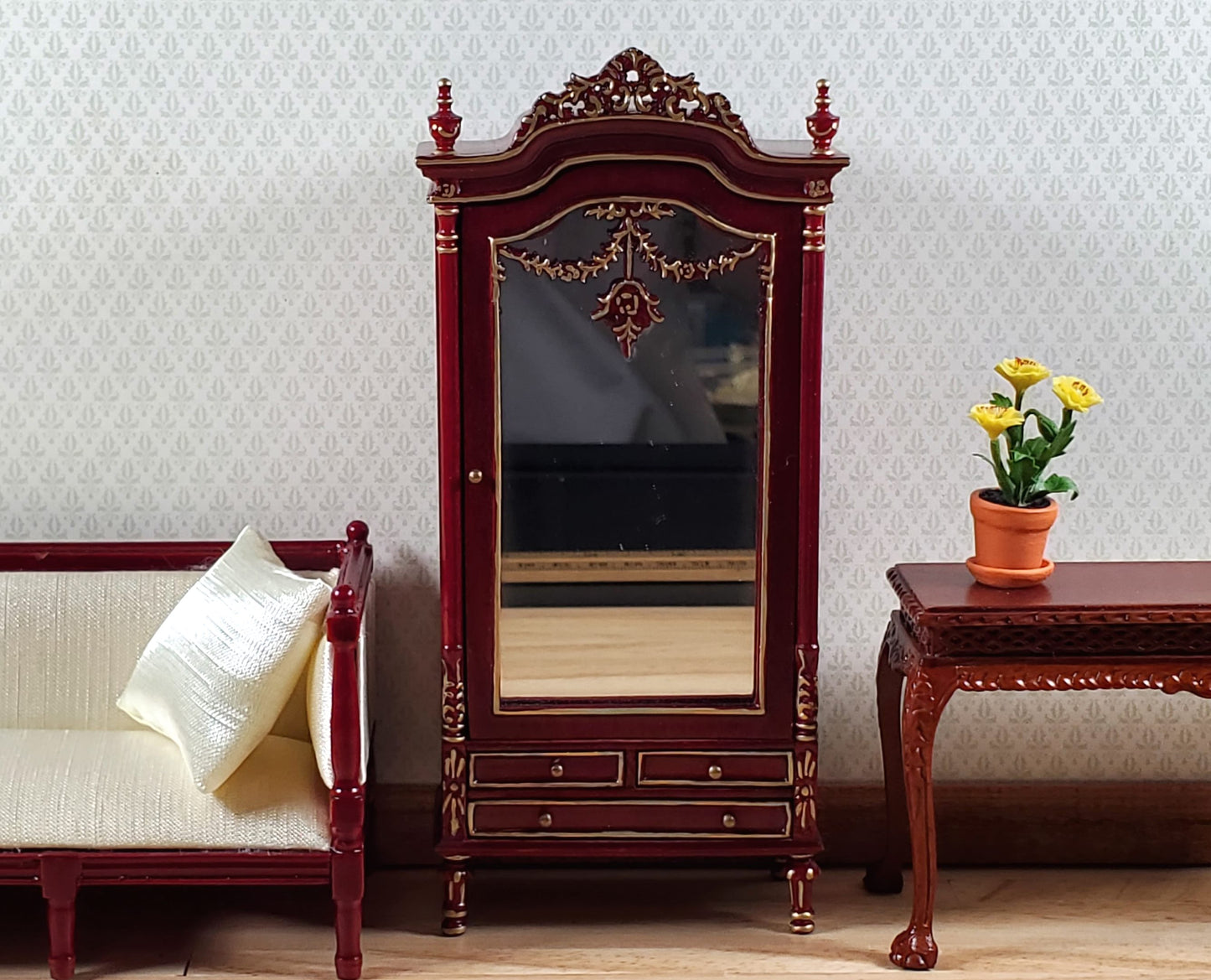 Dollhouse Mirrored Wardrobe Mahogany Finish 1:12 Scale by Hansson Miniatures