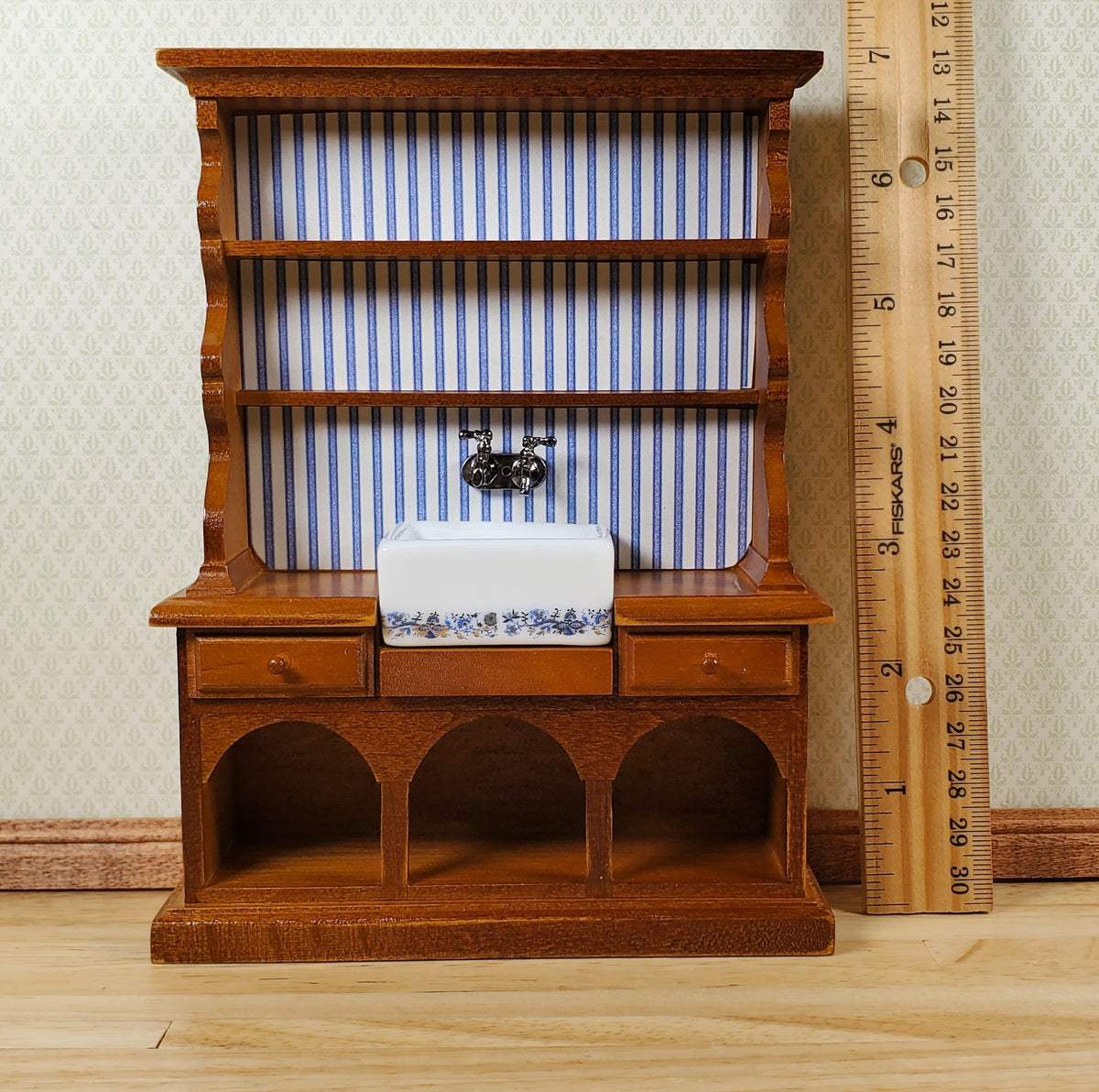 Dollhouse Reutter Sink Cabinet Walnut Blue Onion 1:12 Scale Miniature Kitchen