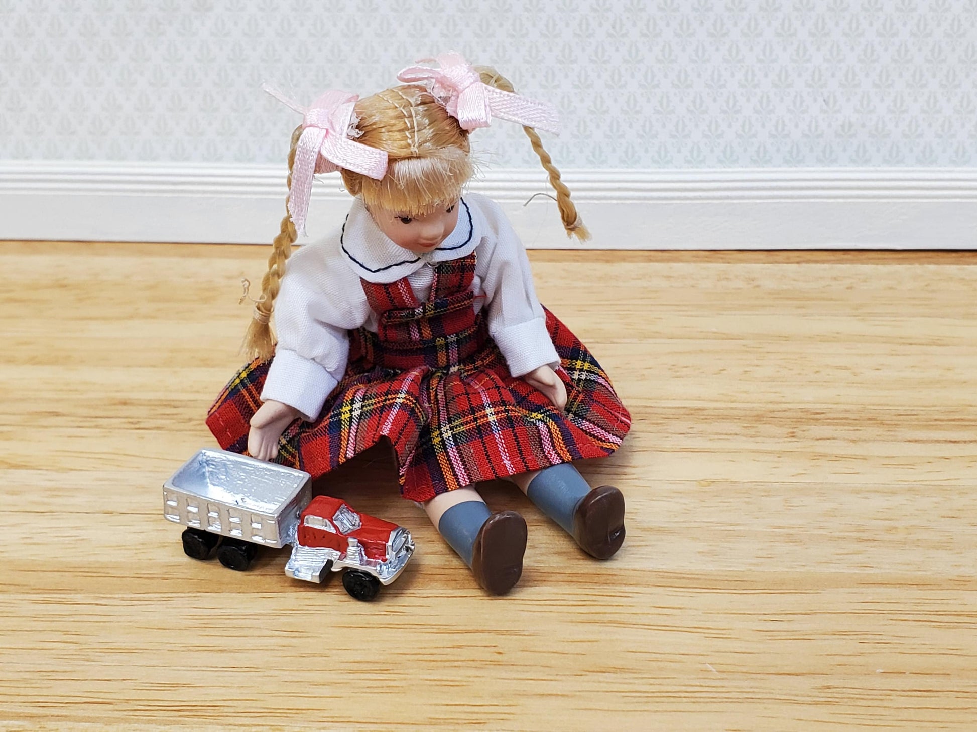 Dollhouse Construction Truck Toy Red Silver Painted Metal 1:12 Scale Miniature Nursery