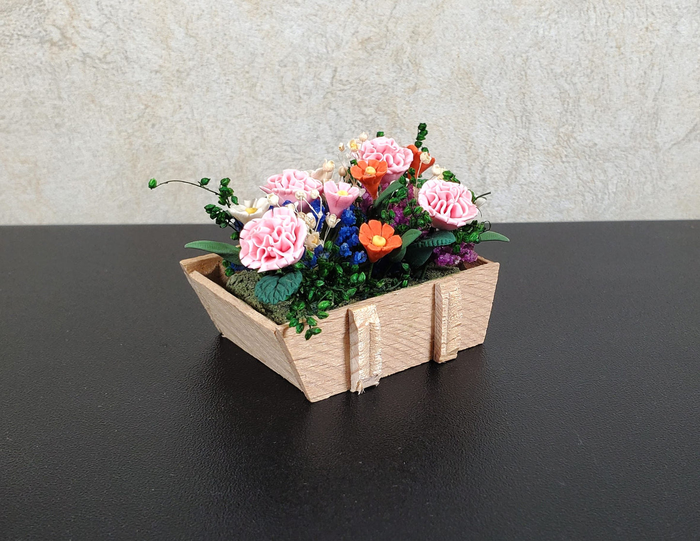 Dollhouse Carnations and Assorted Flowers in Rustic Planter 1:12 Scale Miniature