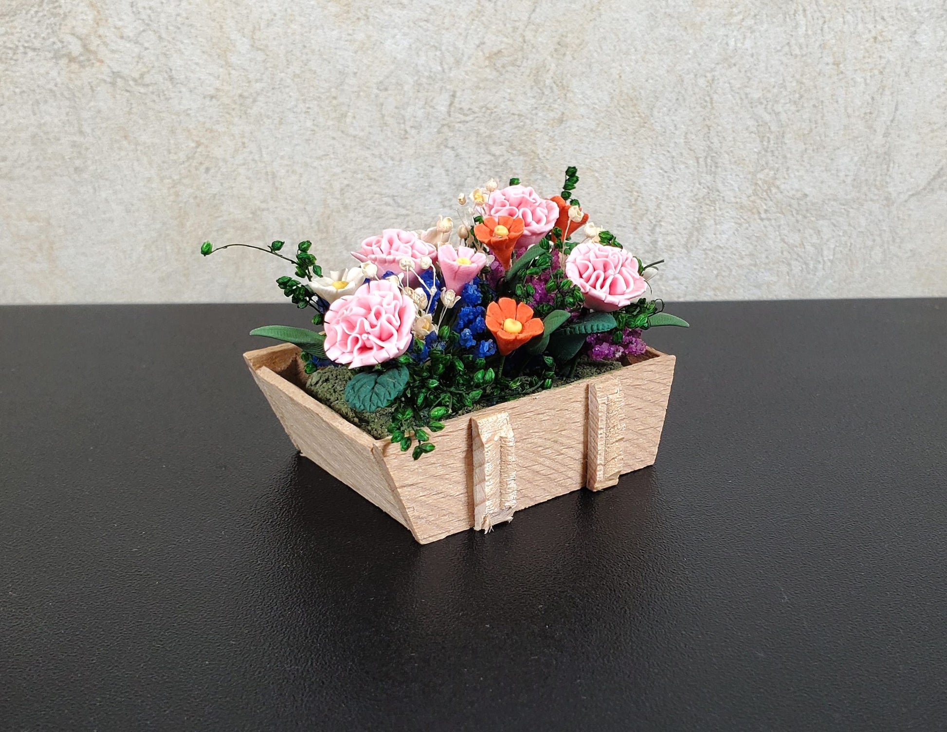 Dollhouse Carnations and Assorted Flowers in Rustic Planter 1:12 Scale Miniature