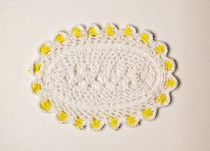 Dollhouse Hand Crocheted Oval Doily Rug White Yellow Trim 1:12 Scale Miniature