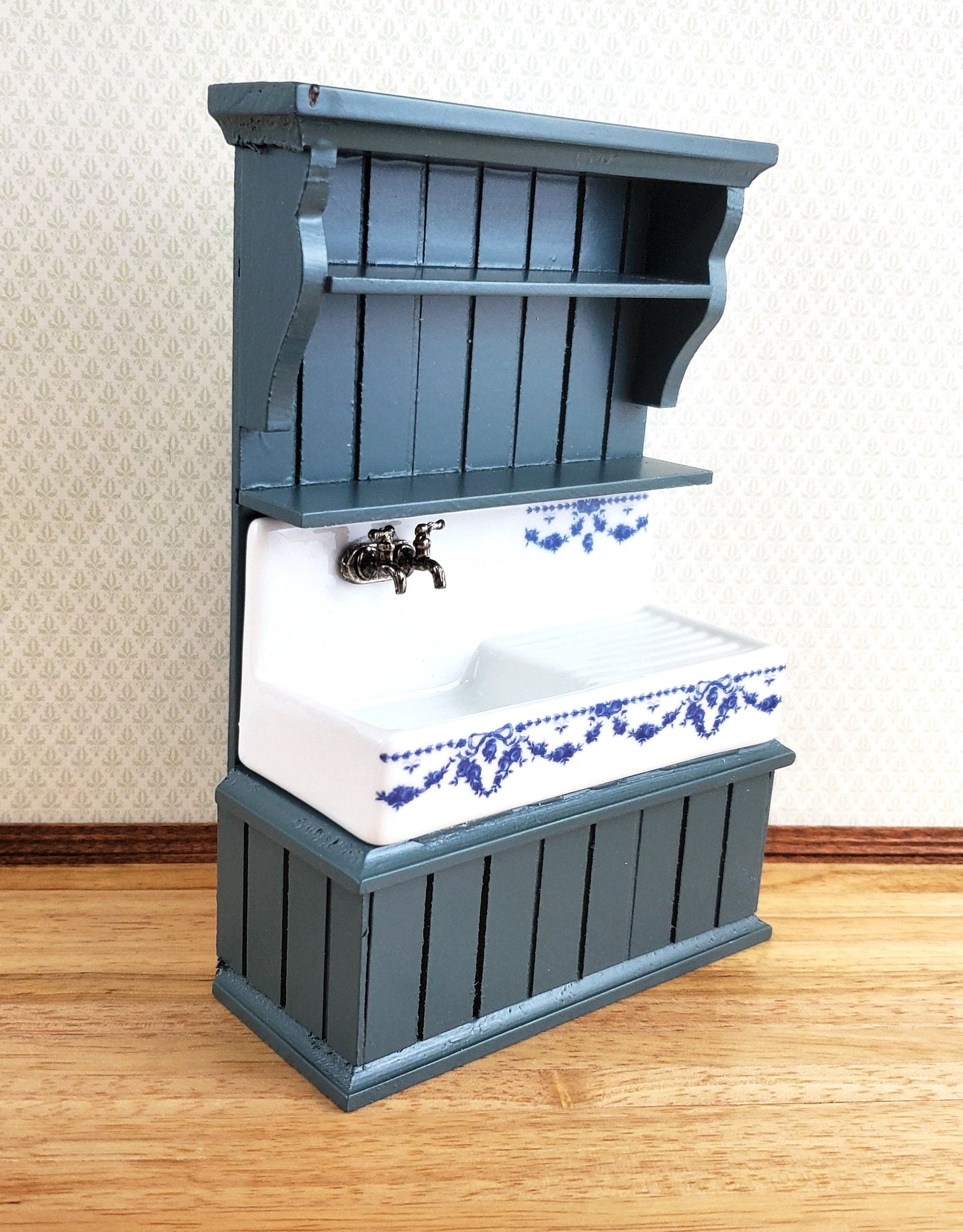 Dollhouse Reutter Sink Cabinet Blue & White 1:12 Scale Miniature Kitchen