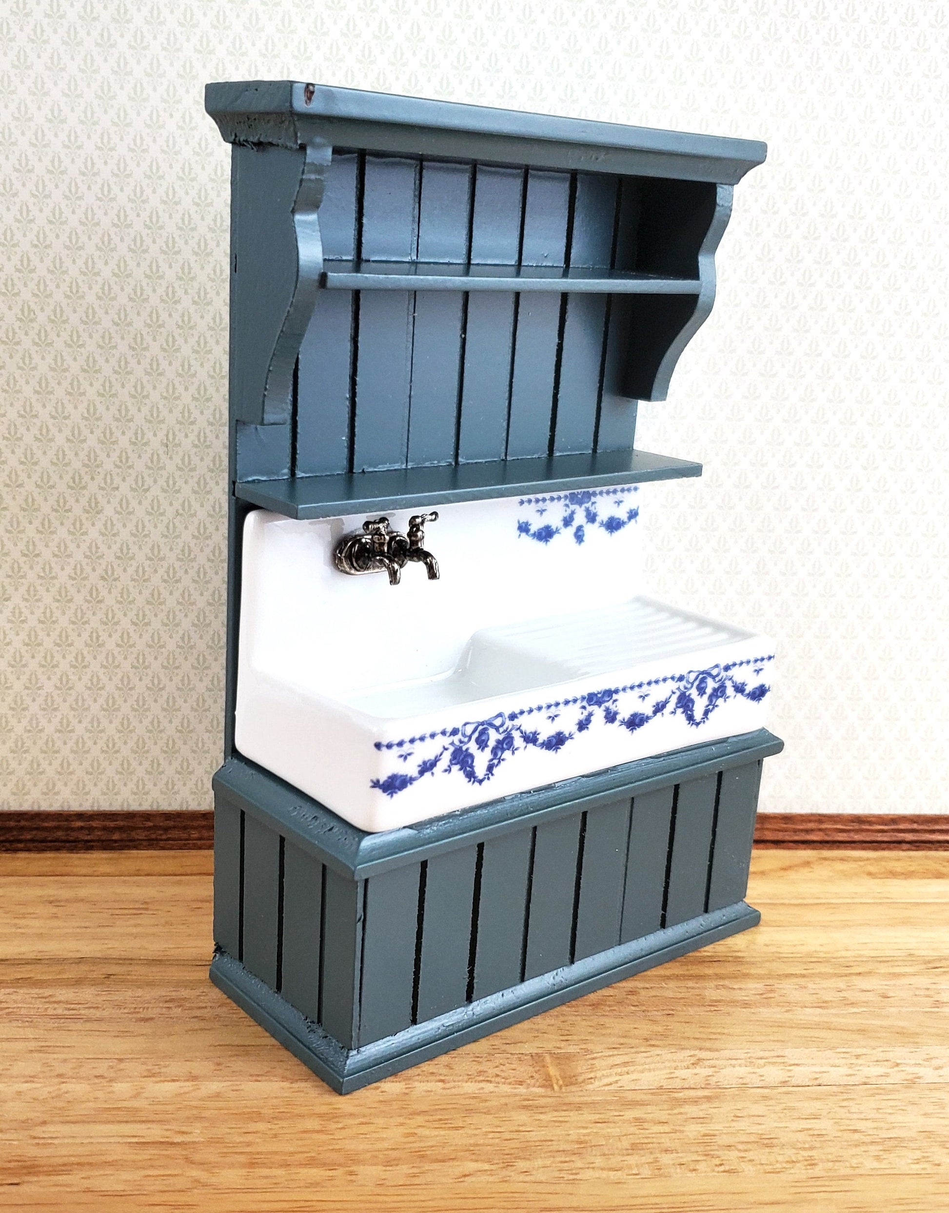 Dollhouse Reutter Sink Cabinet Blue & White 1:12 Scale Miniature Kitchen