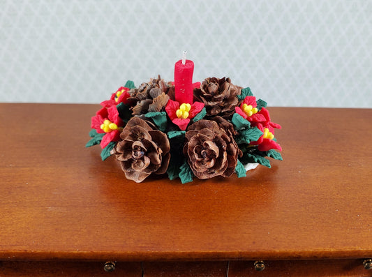 Dollhouse Holiday Centerpiece Red Poinsettias & Pinecones 1:12 Scale Miniature