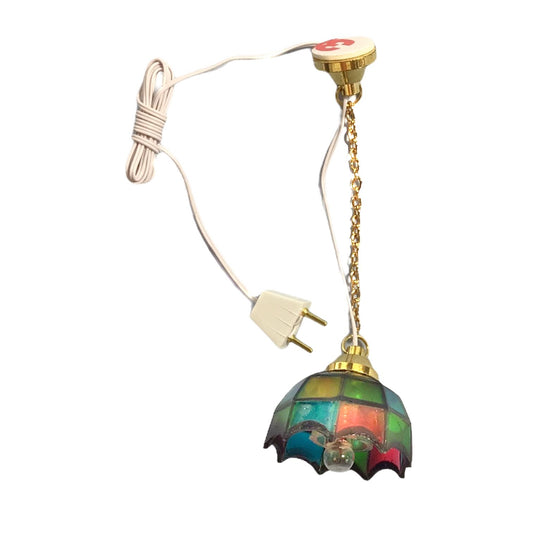 Dollhouse Ceiling Light Stained Glass Style 1:12 Scale Miniature 12 Volt w/ Plug