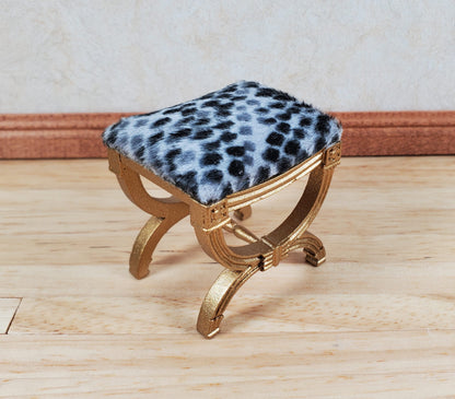 JBM Dollhouse Vanity Stool Bench Wood Animal Print Seat 1:12 Scale Miniature Furniture