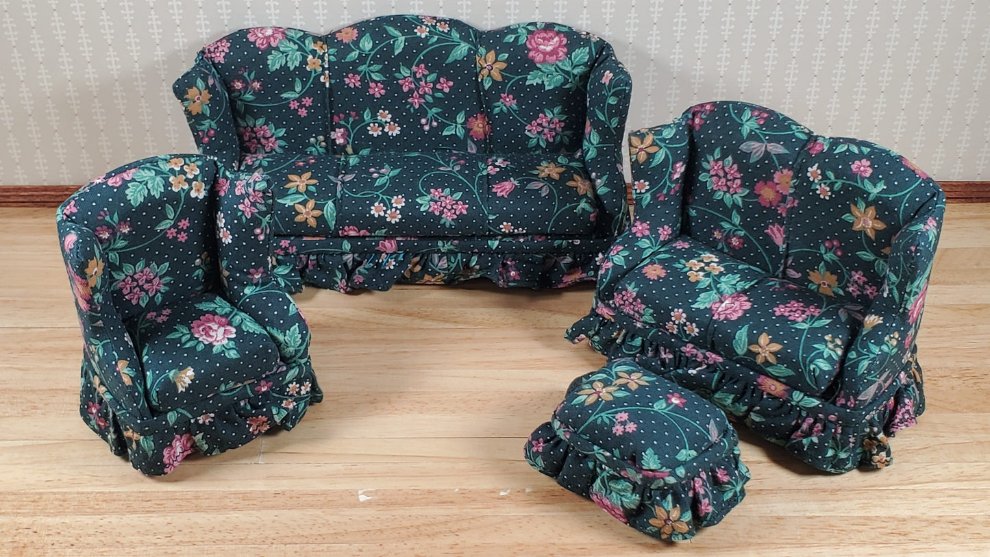 Dollhouse Living Room Set 4 pc Green Flowers & Vines 1:12 Scale Miniature Furniture
