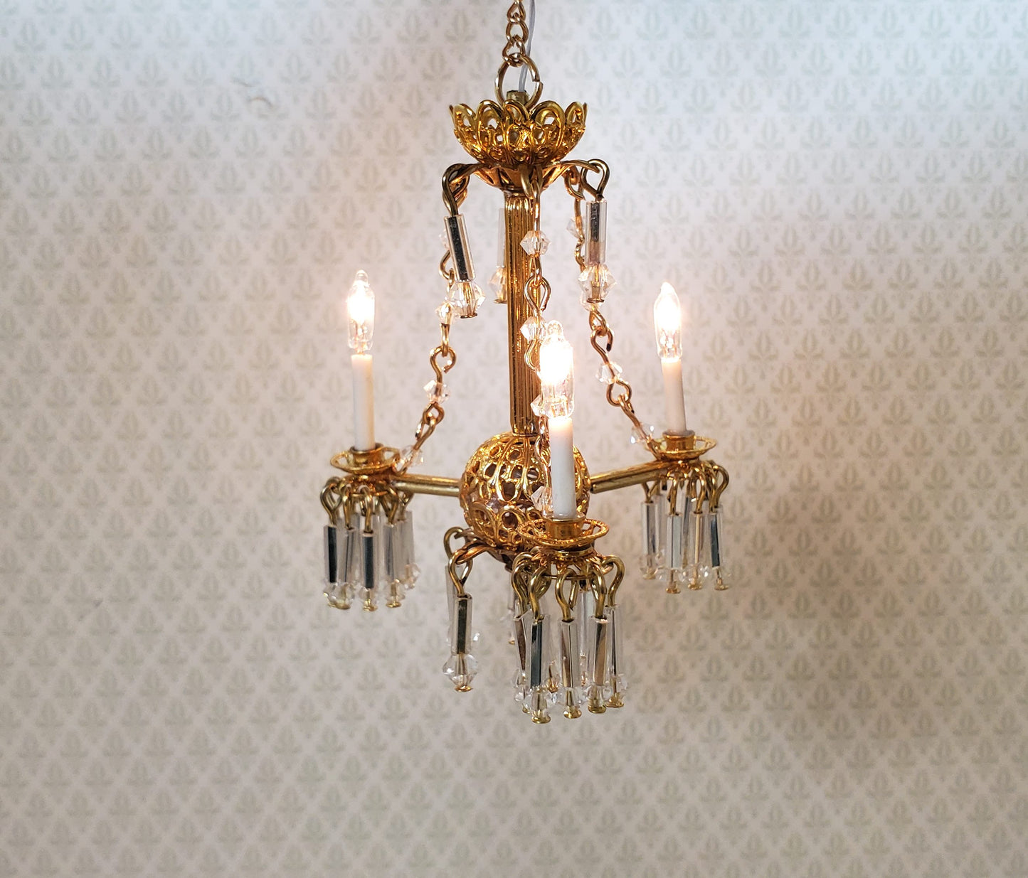 Dollhouse 3 Arm Crystal Chandelier with Chains Handmade 12 Volt 1:12 Scale