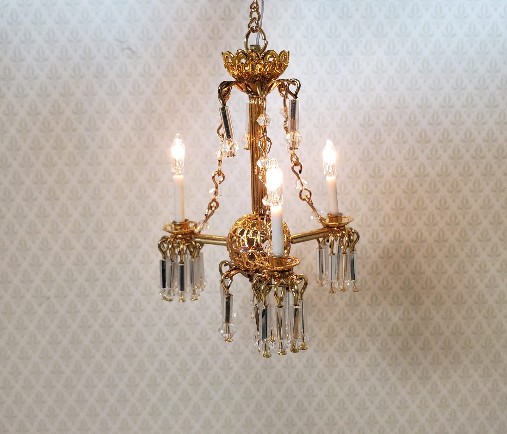 Dollhouse 3 Arm Crystal Chandelier with Chains Handmade 12 Volt 1:12 Scale