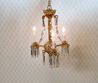 Dollhouse 3 Arm Crystal Chandelier with Chains Handmade 12 Volt 1:12 Scale