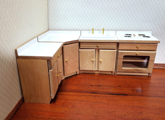 Dollhouse Kitchen Set Sink Stove Oven Cabinets 1:12 Scale Miniature Furniture