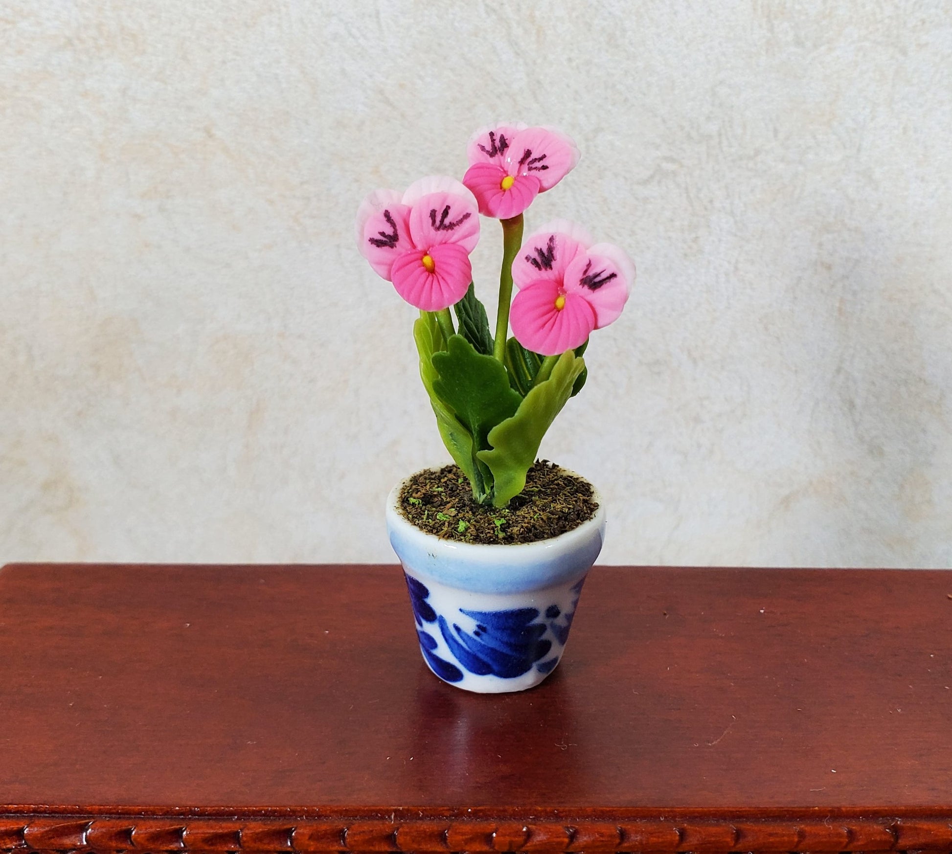 Dollhouse Potted Pink Pansies Flower 1:12 Scale Miniature Blue White Ceramic Pot