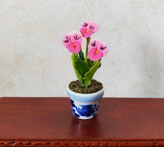 Dollhouse Potted Pink Pansies Flower 1:12 Scale Miniature Blue White Ceramic Pot