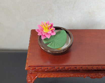 Dollhouse Pink Water Lily in Round Brown Bowl 1:12 Scale Miniature