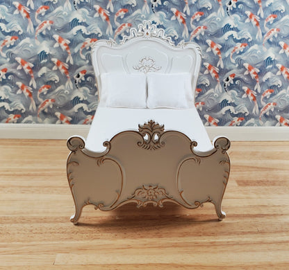 JBM Dollhouse Bed Victorian Style White & Gold Large 1:12 Miniature Furniture - Miniature Crush