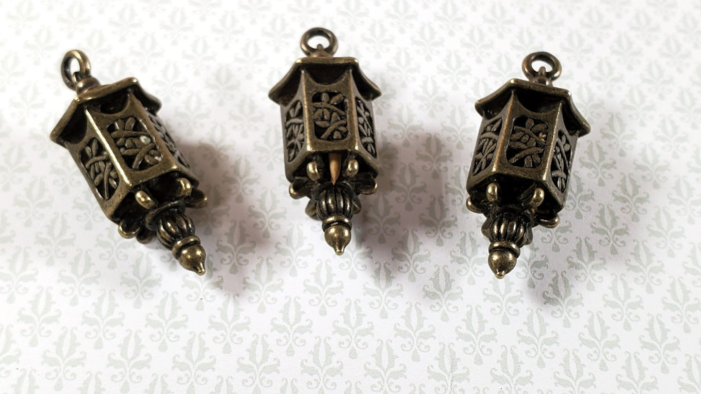 Lantern Charms Small Bronze Decoration 3 pieces 1 3/8" Jewelry Making Miniatures - Miniature Crush
