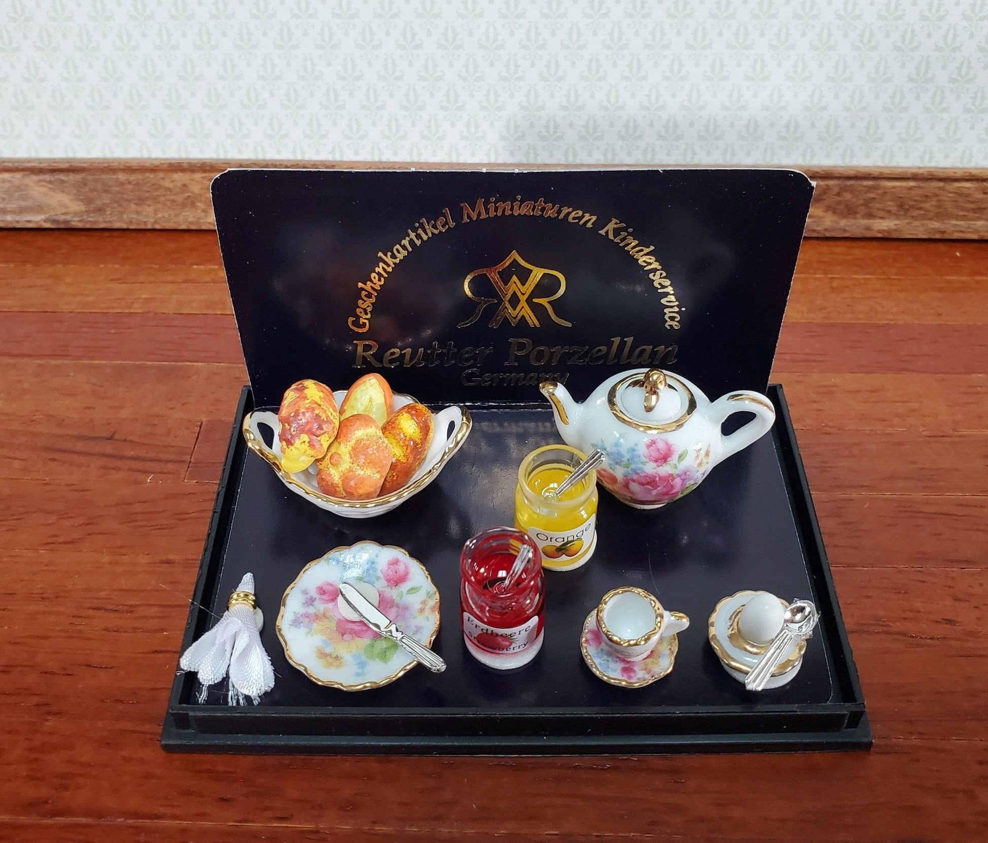 Miniature Breakfast Tea Set Reutter Porcelain Bread Jam Teapot 1:12 Scale Dollhouse - Miniature Crush