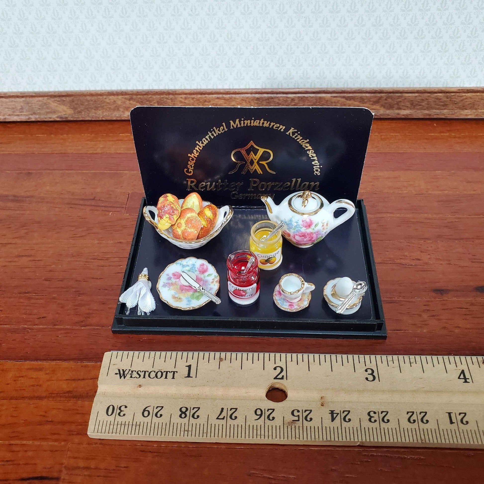 Miniature Breakfast Tea Set Reutter Porcelain Bread Jam Teapot 1:12 Scale Dollhouse - Miniature Crush