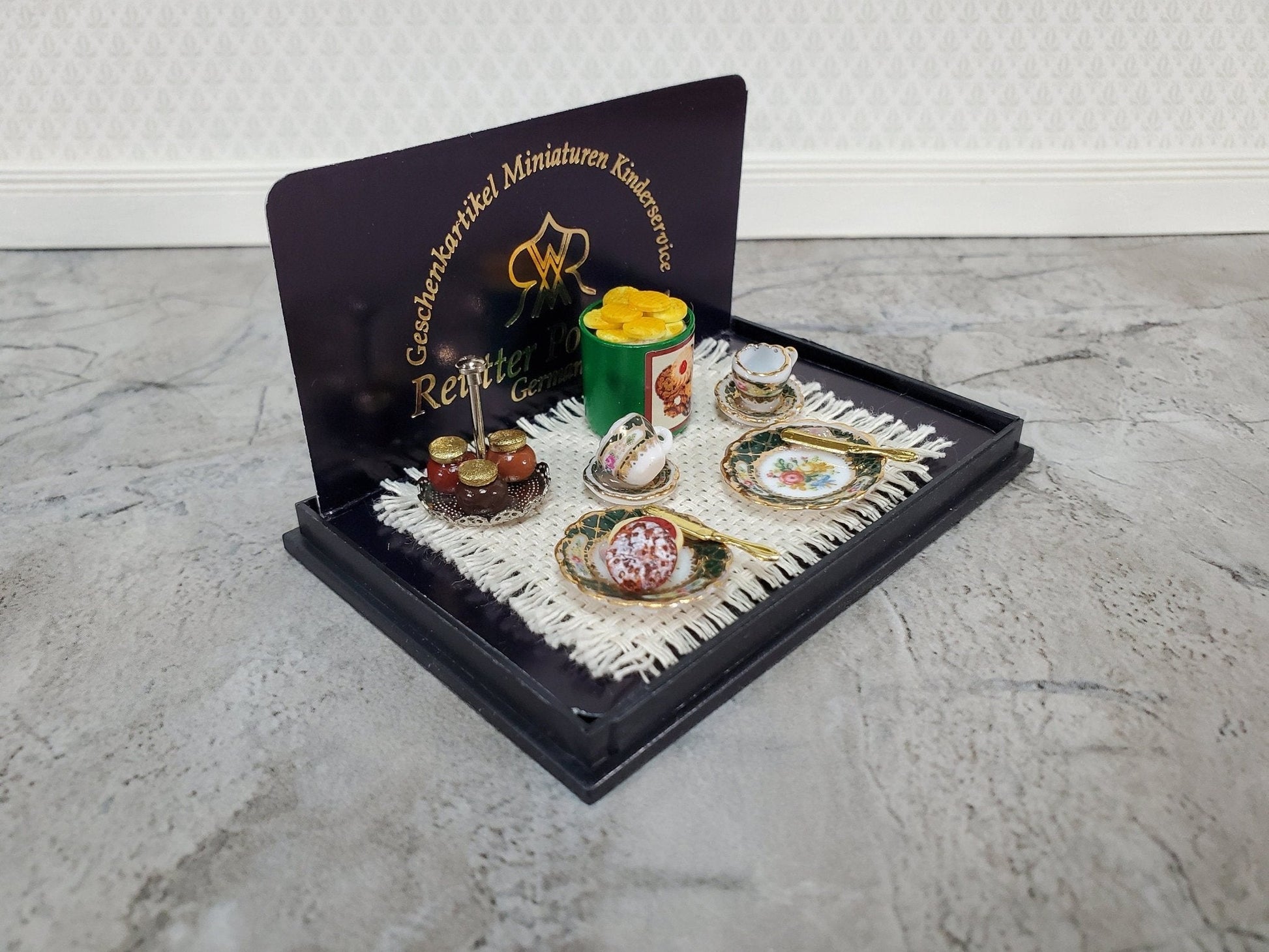 Miniature English Tea Time Set Reutter Porcelain Teacups Biscuits 1:12 Scale Dollhouse - Miniature Crush