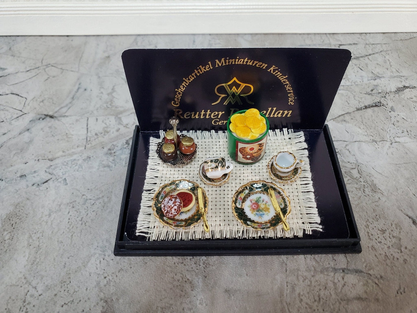 Miniature English Tea Time Set Reutter Porcelain Teacups Biscuits 1:12 Scale Dollhouse - Miniature Crush