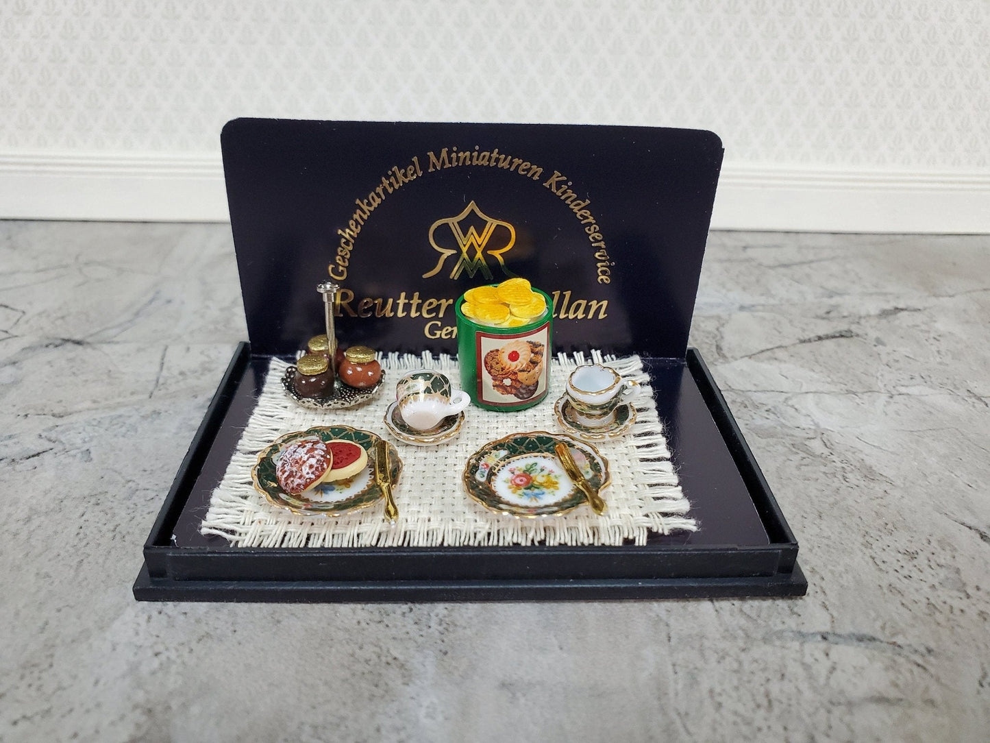 Miniature English Tea Time Set Reutter Porcelain Teacups Biscuits 1:12 Scale Dollhouse - Miniature Crush