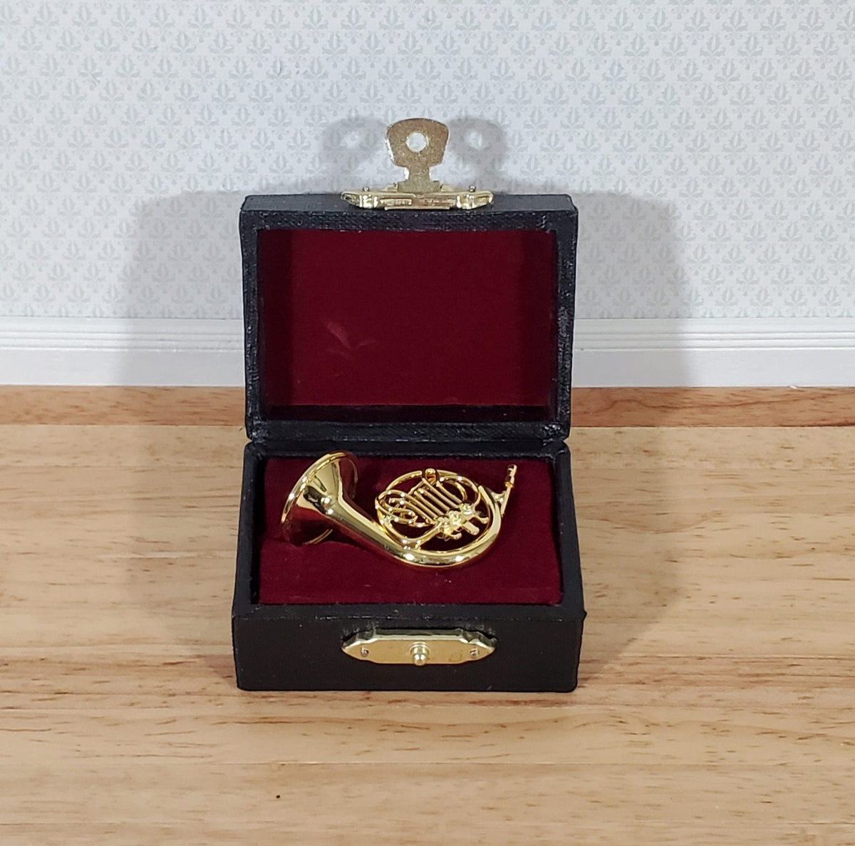Mini Brass Instrument Miniature French Horn Gold Brass Metal Instrument with Case 1:12 Scale ...