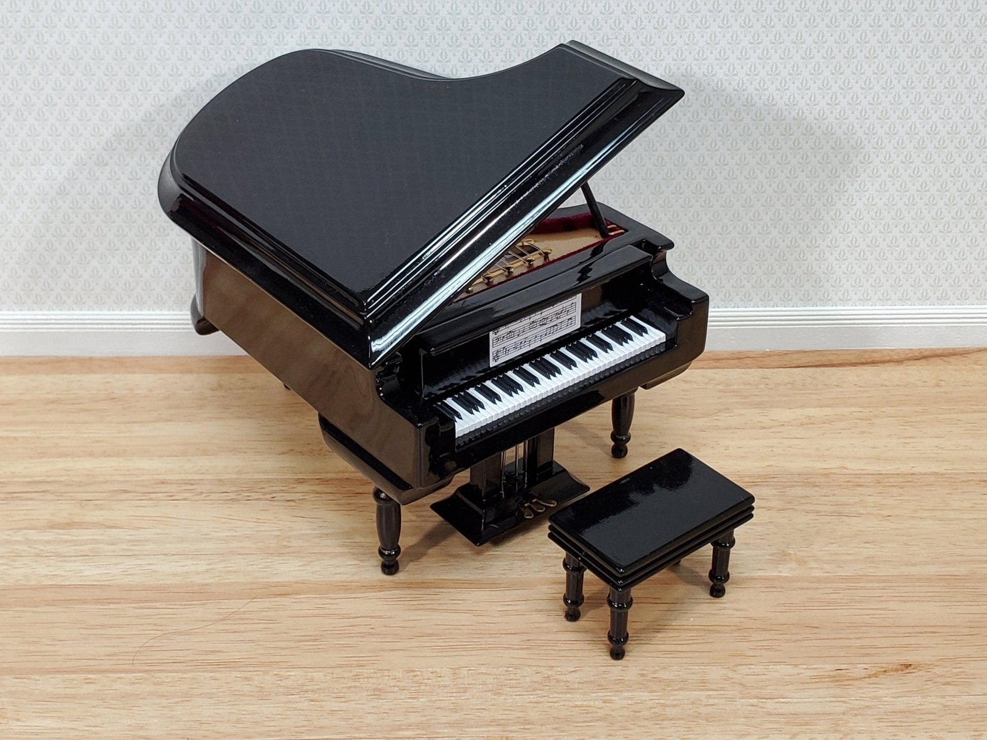 Miniature Grand Piano with Bench Seat Instrument 1:12 Scale Dollhouse Black Finish - Miniature Crush